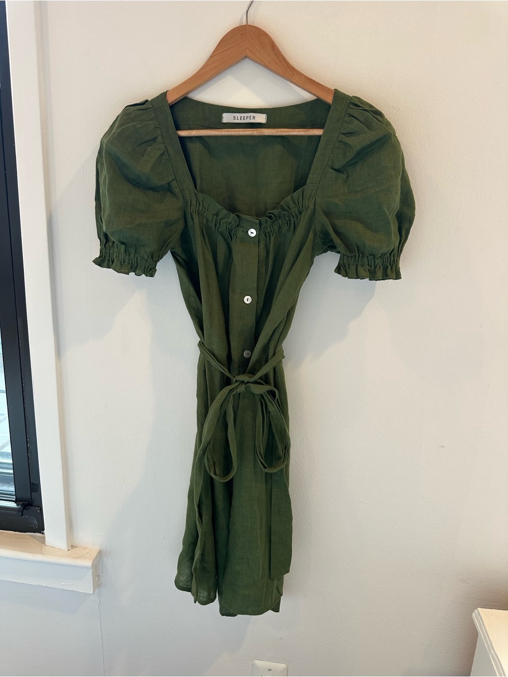 Sleeper Olive Green Puff Sleeve Button-Front Mini Dress